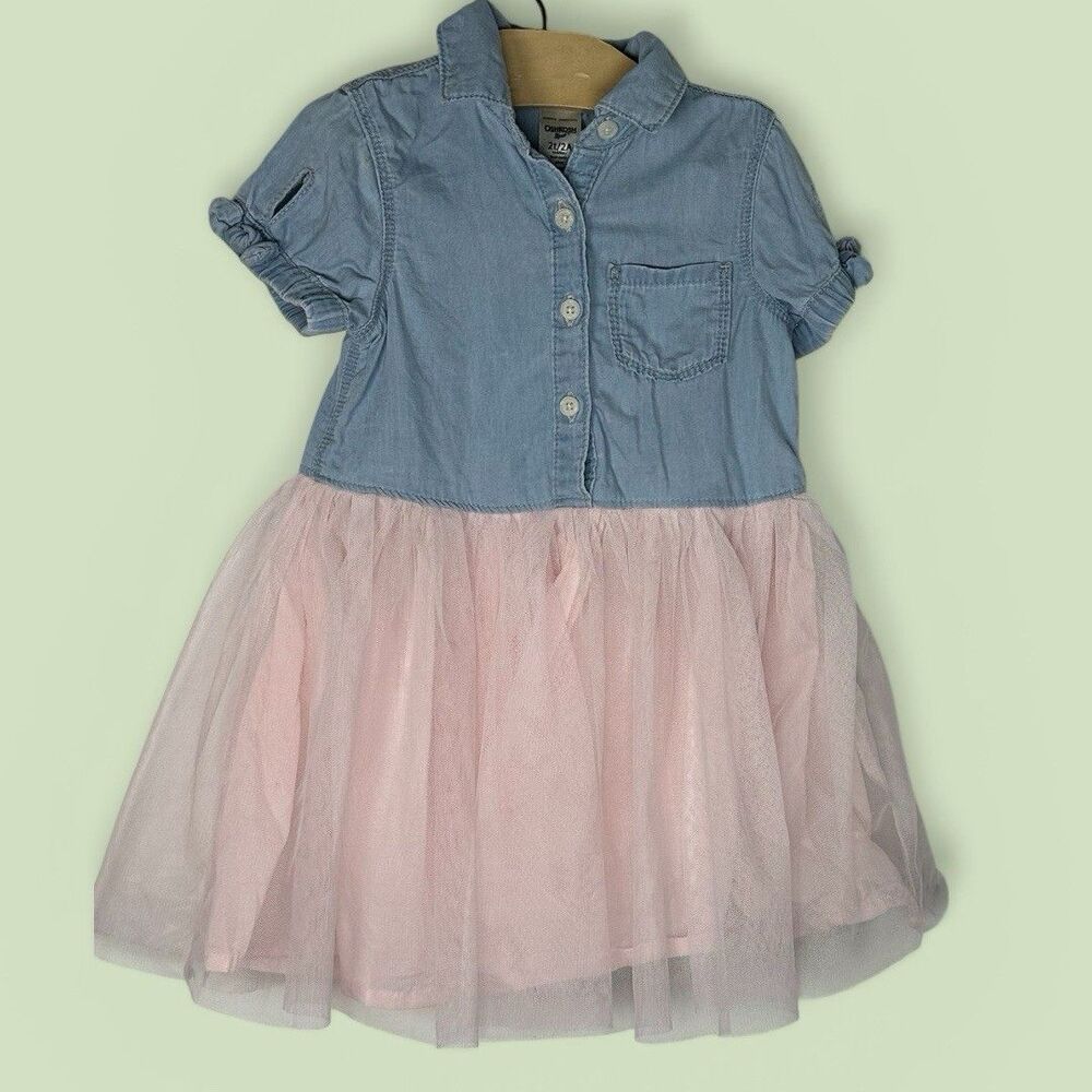 VGC OshKosh B'gosh Toddler 2T Light Denim Shirt Dress With Pink Tulle Tutu Skirt